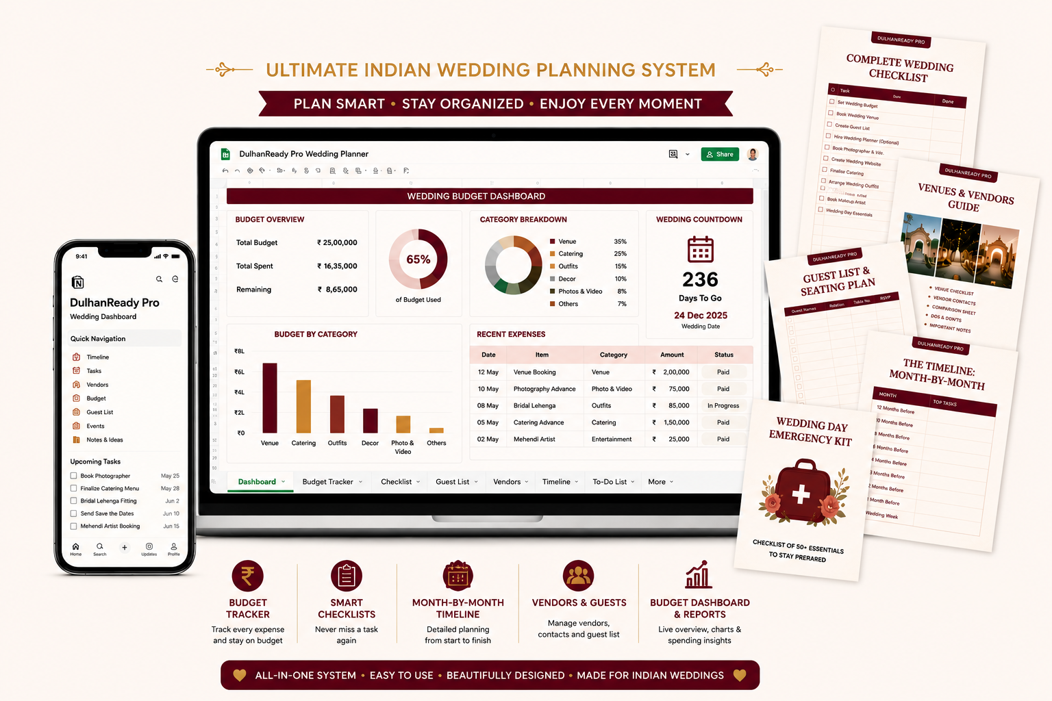 DulhanReady Pro — Vendor price guide, ceremony checklists, negotiation scripts and Notion planner